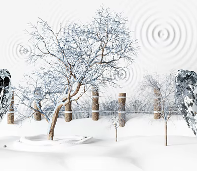 Snowy Bare Branched Trees In Winter Landscape With White Snow And Scenic View 3d model