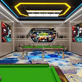 Modern Billiard Room Interior With Green Pool Tables And Blue Gold Patterned Carpet