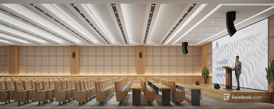 Modern Spacious Conference Room Interior With Wooden Panel Walls Rows Of Seats And Ceiling Lights 3d model 