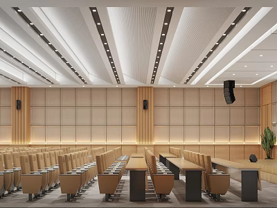 Modern Spacious Conference Room Interior With Wooden Panel Walls Rows Of Seats And Ceiling Lights 3d model