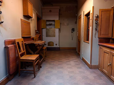 Vintage Interior Space With Wooden Table Chairs Cabinets And Tiled Floor 3d model