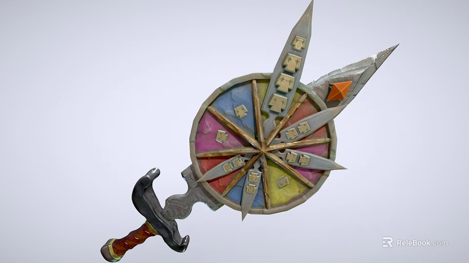 Colorful Circular Multi Blade Weapon With Decorative Handle And Sharp Edges 3d model 