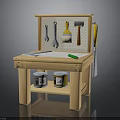 Wooden Workbench Setup With Tools Paint Cans Paper And Green Pencil