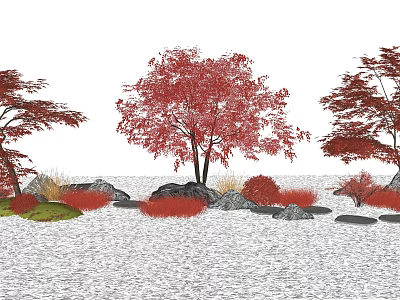 Tranquil Garden Ornament With Red Leaved Trees Rocks Red Shrubs And White Gravel 3d model