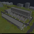 Modern Industrial Factory Complex With Surrounding Greenery Roads Vehicles And Parking Area
