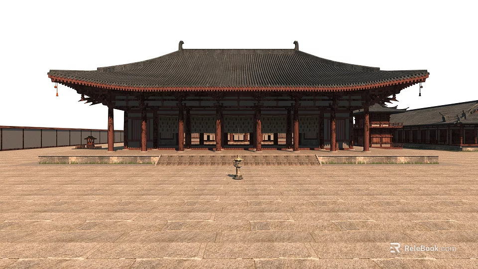 Traditional Ancient Chinese Architecture with Curved Eaves Roof Red Pillars and Stone Square 3d model 