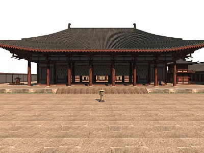 Traditional Ancient Chinese Architecture with Curved Eaves Roof Red Pillars and Stone Square 3d model