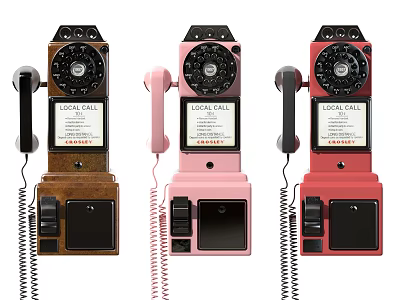 Vintage Dial Telephones in Brown Pink Red with Local Call Labels and Coiled Cords 3d model