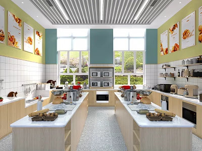 Modern School Cafeteria Interior With Bright Lighting Clean Countertops And Food Displays 3d model