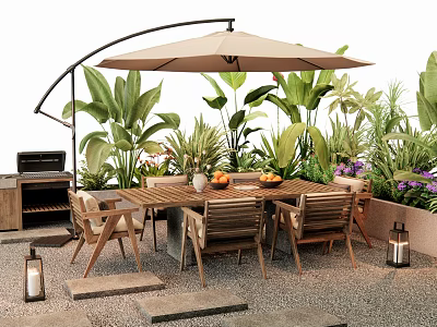 Outdoor Landscape Seating With Wooden Dining Table Tan Cantilever Umbrella Green Plants And Stone Patio 3d model