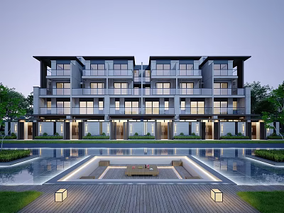 Modern Townhouse Exterior Featuring Multi Story Design Large Windows Water Feature and Landscaped Deck 3d model