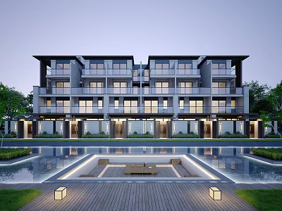 Modern Townhouse Exterior Featuring Multi Story Design Large Windows Water Feature and Landscaped Deck 3d model