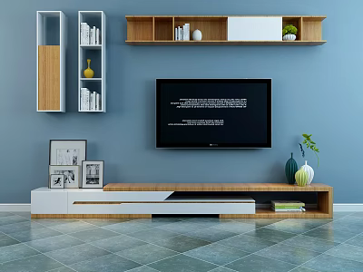Modern White Wood TV Stand with Blue Wall Decorative Shelves Green Plants and Photo Frames 3d model