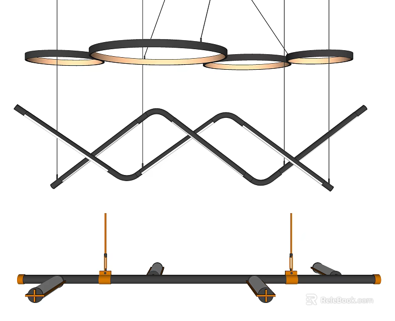 Modern Chandelier With Circular Rings Linear Design Black Frame And Orange Accents 3d model 