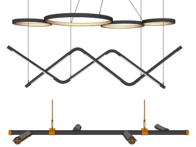 Modern Chandelier With Circular Rings Linear Design Black Frame And Orange Accents 3d model