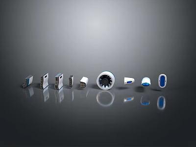 Different Small Electronic Devices In Silver White Blue Arranged On Gray Background With Reflections 3d model