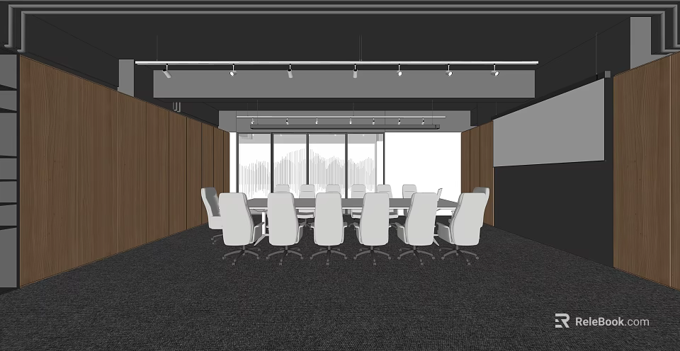 Modern Conference Room With Long Table White Chairs Wooden Walls And City View 3d model 