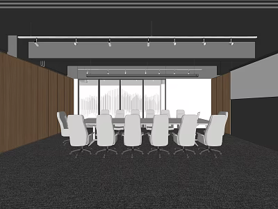 Modern Conference Room With Long Table White Chairs Wooden Walls And City View 3d model