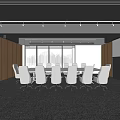 Modern Conference Room With Long Table White Chairs Wooden Walls And City View