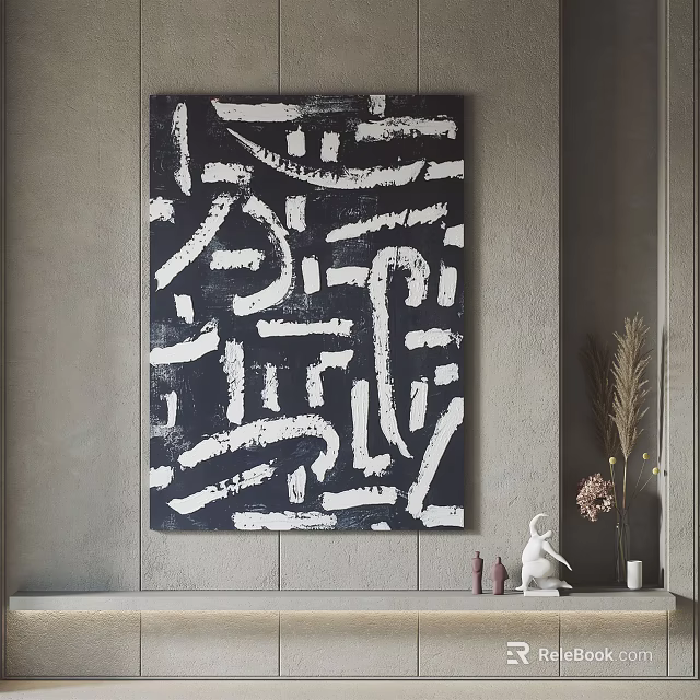 Black And White Abstract Painting Hanging On Gray Wall With Decorative Shelf Items 3d model 
