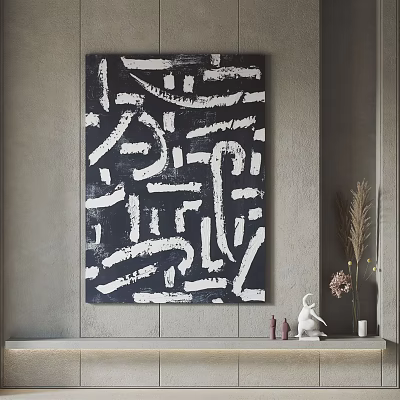 Black And White Abstract Painting Hanging On Gray Wall With Decorative Shelf Items 3d model