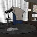 Modern Gray and Blue Accent Chair with Side Table Books Plant and Floor Lamp
