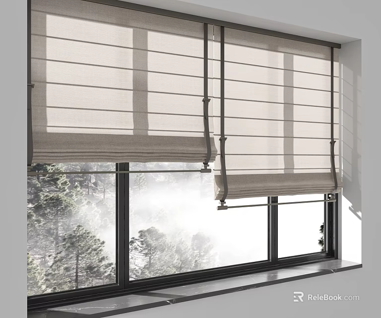 Modern Linen Roman Blinds Installed on Window with Natural Light and Forest View 3d model 