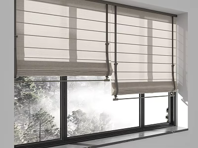 Modern Linen Roman Blinds Installed on Window with Natural Light and Forest View 3d model