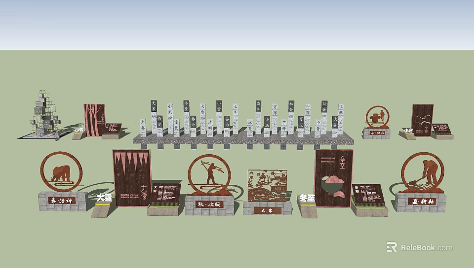 Traditional Cultural Display Installation With Stone Plaques And Illustration Panels 3d model 
