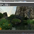 Scenic Park Landscape With Rocky Mountains Stone Arch Bridge Lush Greenery And Calm Water