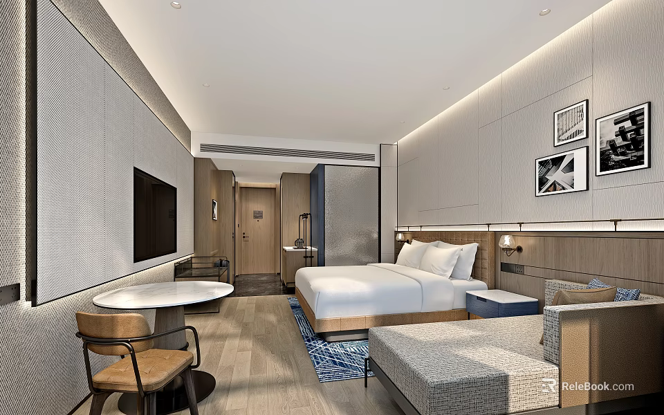 Modern Hotel Room Interior With King Bed Sofa TV And Decorative Paintings 3d model 