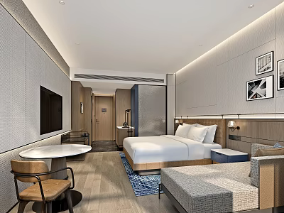 Modern Hotel Room Interior With King Bed Sofa TV And Decorative Paintings 3d model
