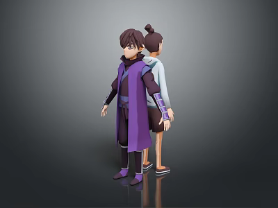 Two Animated Characters Standing In Purple And Light Colored Outfits With Ponytail Hairstyle 3d model