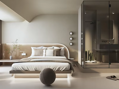 Modern Hotel Room Interior With Comfortable Bed Glass Shower Round Lights And Green Plant 3d model