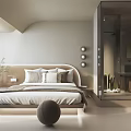 Modern Hotel Room Interior With Comfortable Bed Glass Shower Round Lights And Green Plant