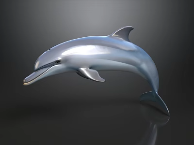 Silver Dolphin Sculpture In Jumping Pose With Dark Background Reflection 3d model