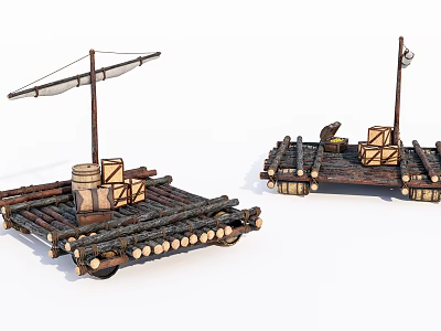 Rustic Wooden Stove on Floating Raft with Storage Crates and Sail for Outdoor Trips 3d model