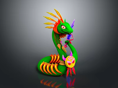 Vibrant Green Snake Like Game Movie Character With Orange Yellow Feathered Head And Red Eyes 3d model
