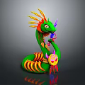 Vibrant Green Snake Like Game Movie Character With Orange Yellow Feathered Head And Red Eyes