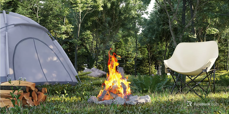 Outdoor Camping Scene With Gray Tent Burning Campfire Chair And Green Forest Surroundings 3d model 