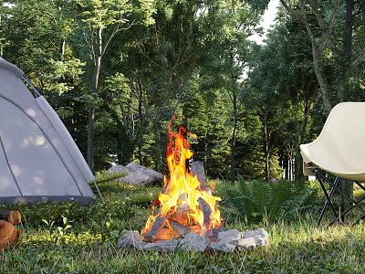 Outdoor Camping Scene With Gray Tent Burning Campfire Chair And Green Forest Surroundings 3d model