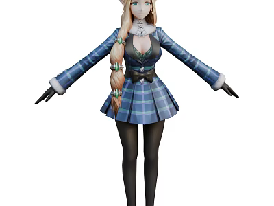 Woman In Blue Plaid Dress With Elven Ears Braided Hair And Black Tights 3d model