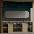 Modern Bathroom Interior With Double Sinks Oval Mirror And Marble Countertops