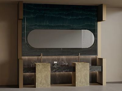 Modern Bathroom Interior With Double Sinks Oval Mirror And Marble Countertops 3d model