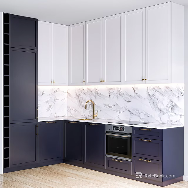 Stylish Modern Kitchen Interior With White And Navy Blue Cabinets Marble Countertop And Gold Hardware 3d model 