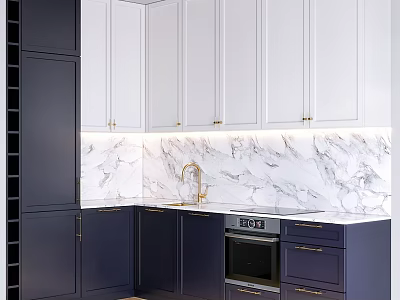 Stylish Modern Kitchen Interior With White And Navy Blue Cabinets Marble Countertop And Gold Hardware 3d model