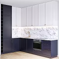 Stylish Modern Kitchen Interior With White And Navy Blue Cabinets Marble Countertop And Gold Hardware
