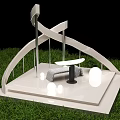 Modern Outdoor Decorative Pavilion Featuring White Curved Structure Round Table Chairs And Grass Area