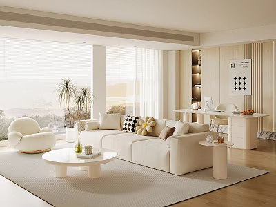 Light toned Modern Living Room Interior With Beige Sofa Round Coffee Table Plants And Light Rug 3d model