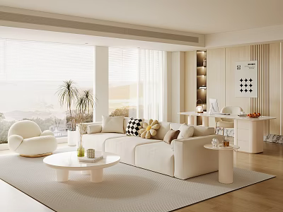 Cream Style Home Guest Restaurant Fabric Sofa Coffee Table Combination Round Coffee Table Desk and Chair Combination Leisure Sofa Chair Floor-to-ceiling Window Decoration Ornaments 3d model